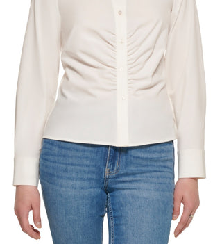 Calvin Klein Women's Ruched Button FronT-Shirt White Size Medium