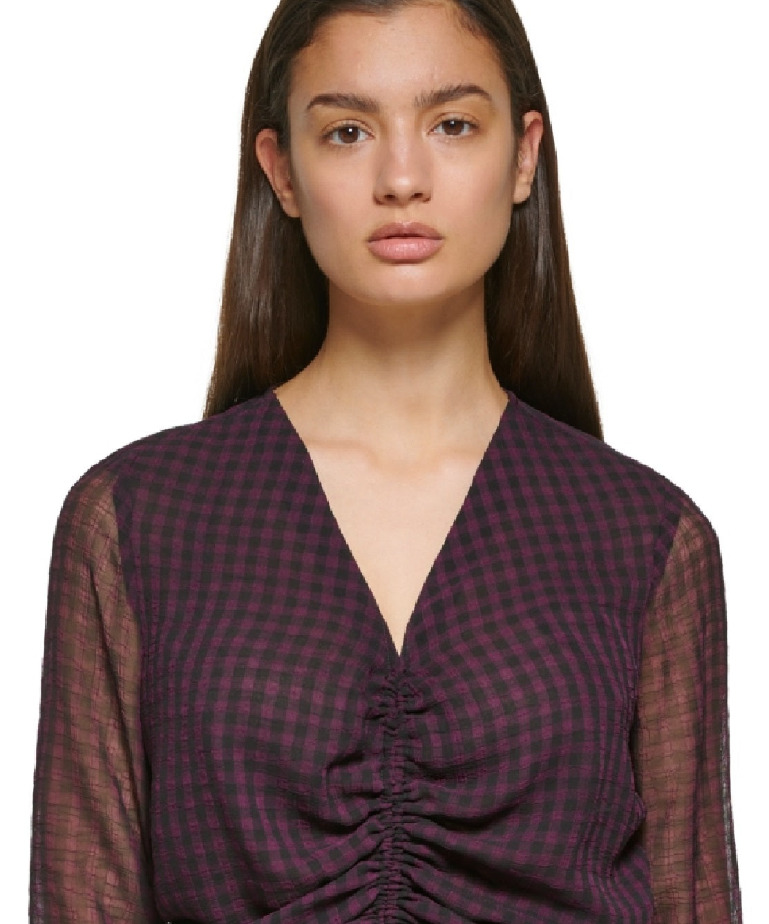 Blusa feminina Calvin Klein manga comprida xadrez franzida na frente marrom tamanho médio