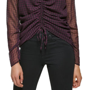 Blusa feminina Calvin Klein manga comprida xadrez franzida na frente marrom tamanho médio