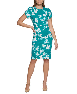Calvin Klein Women's Printed Tulip Sleeve Sheath Dress Green Size 10Petite