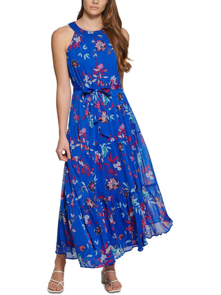 Vestido longo Calvin Klein feminino com estampa floral, cinto e alças finas, azul, tamanho 12, pequeno