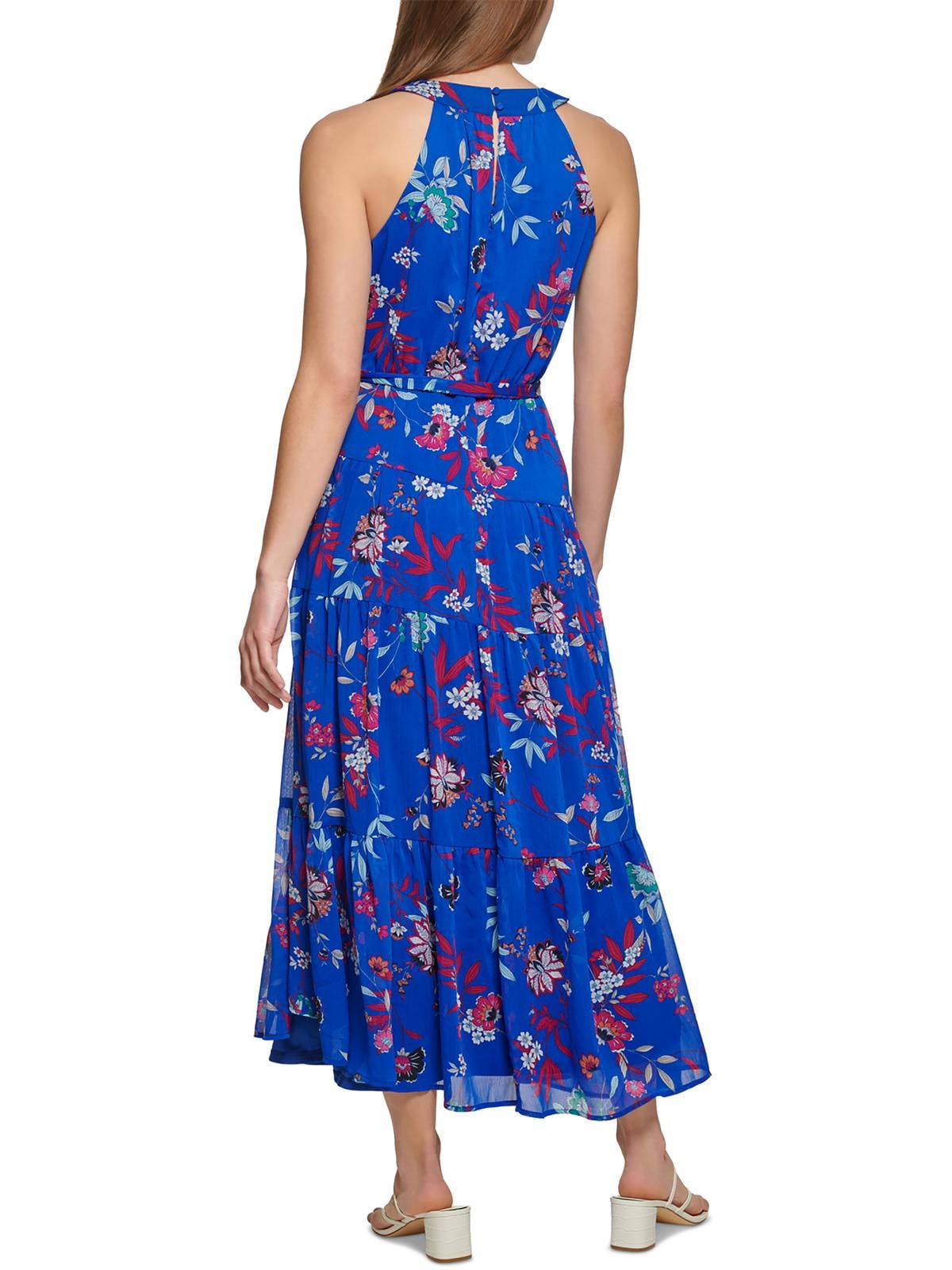 Vestido longo Calvin Klein feminino com estampa floral, cinto e alças finas, azul, tamanho 12, pequeno