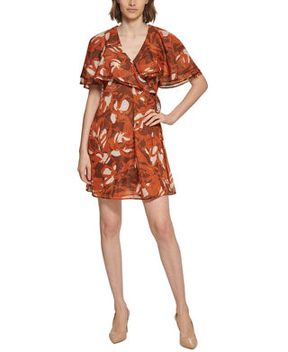 Vestido Capelet de Chiffon Calvin Klein Feminino Marrom Tamanho 4