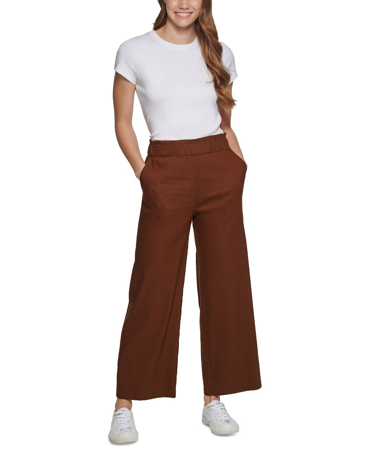 Calça Cropped de Linho Calvin Klein Feminina Marrom Tamanho Médio