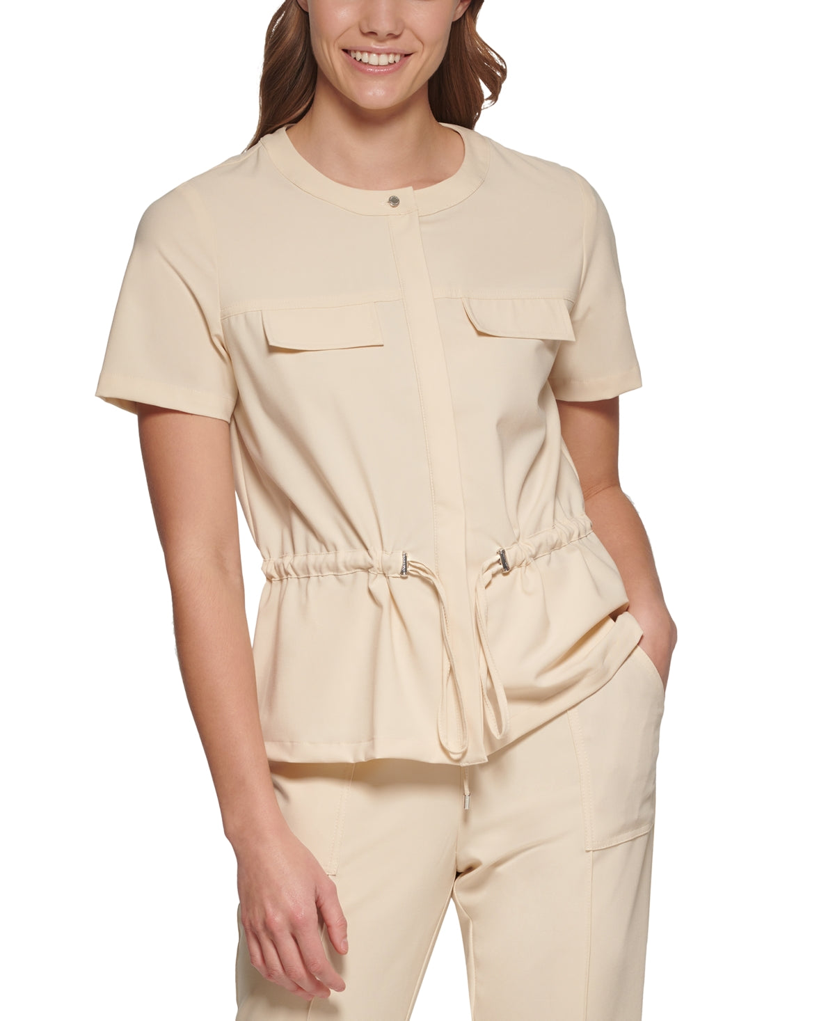 Jaqueta Calvin Klein Feminina Manga Curta com Cordão na Cintura Marrom