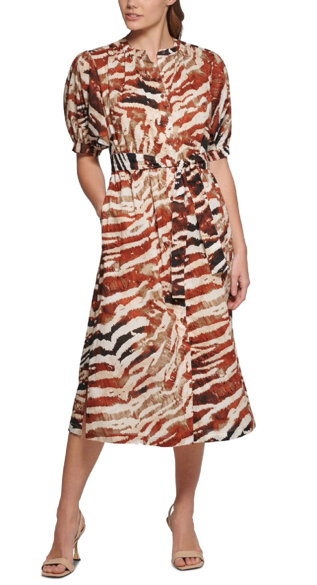 Calvin Klein Vestido midi com estampa animal e manga bufante, tamanho sortido 14