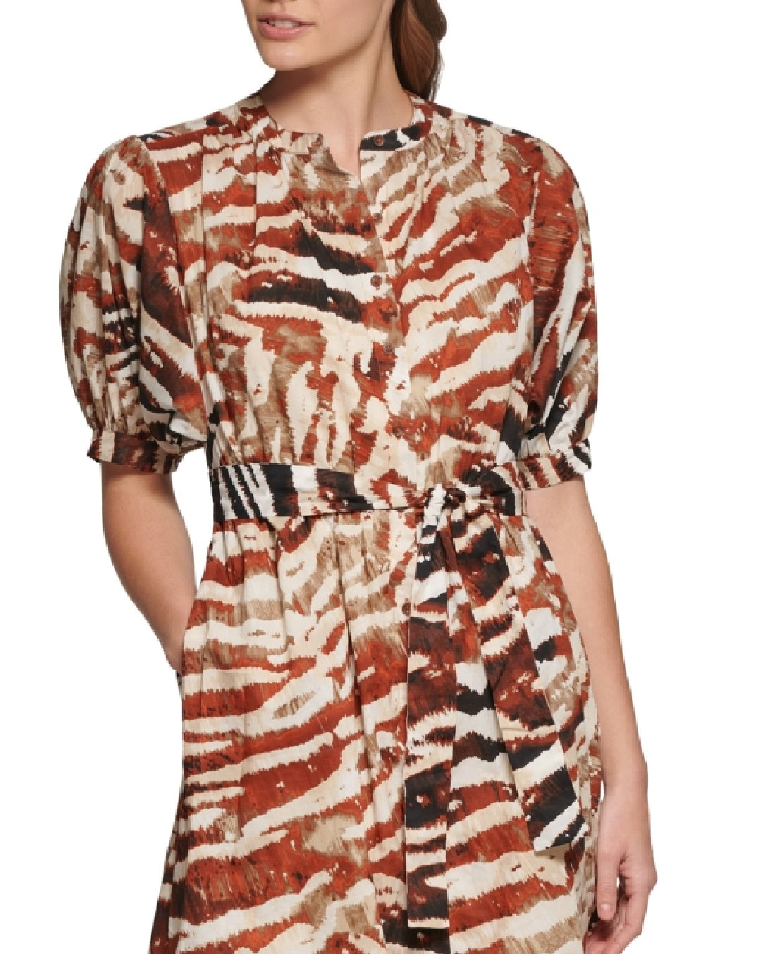 Calvin Klein Vestido midi com estampa animal e manga bufante, tamanho sortido 14