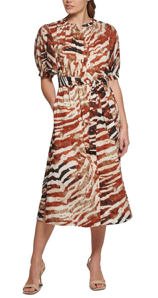 Calvin Klein Vestido midi com estampa animal e manga bufante, tamanho sortido 6