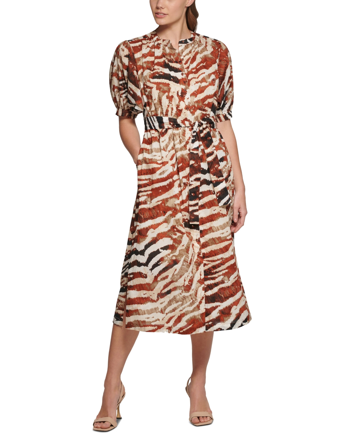 Calvin Klein Vestido midi com estampa animal e manga bufante, marrom, tamanho 2