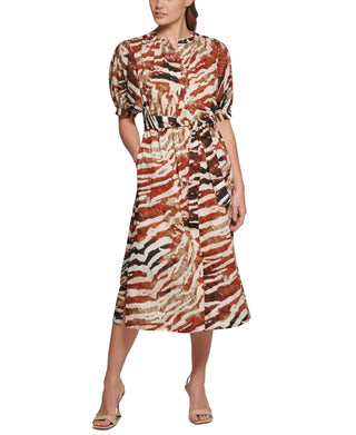 Calvin Klein Vestido midi com estampa animal e manga bufante, marrom, tamanho 2