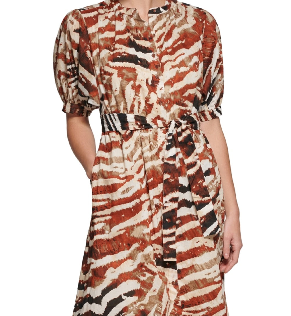 Calvin Klein Vestido midi com estampa animal e manga bufante, marrom, tamanho 2