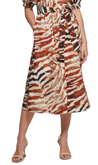 Calvin Klein Vestido midi com estampa animal e manga bufante, marrom, tamanho 2