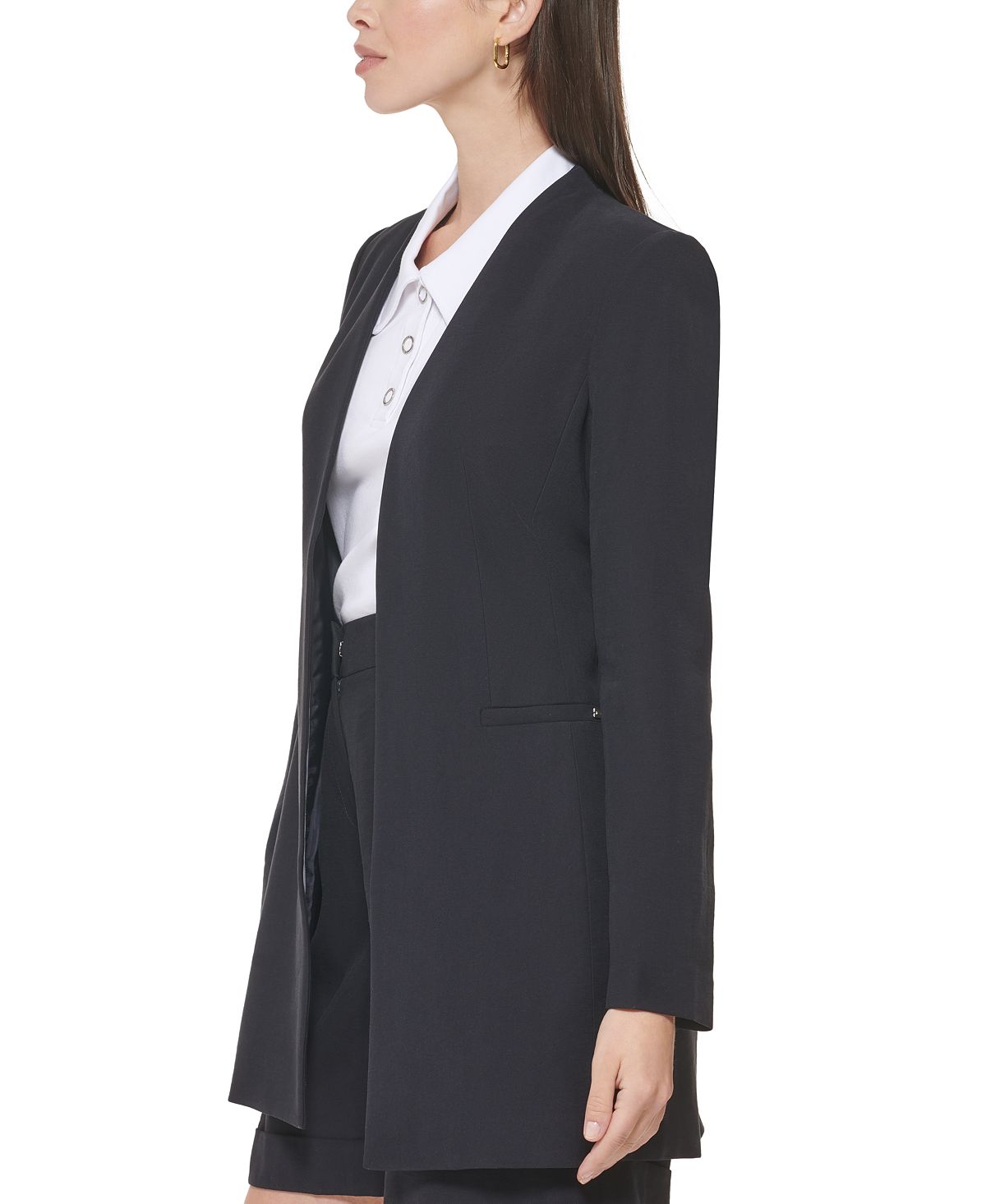 Calvin Klein Blazer longo feminino com frente aberta, azul, tamanho 4, pequeno