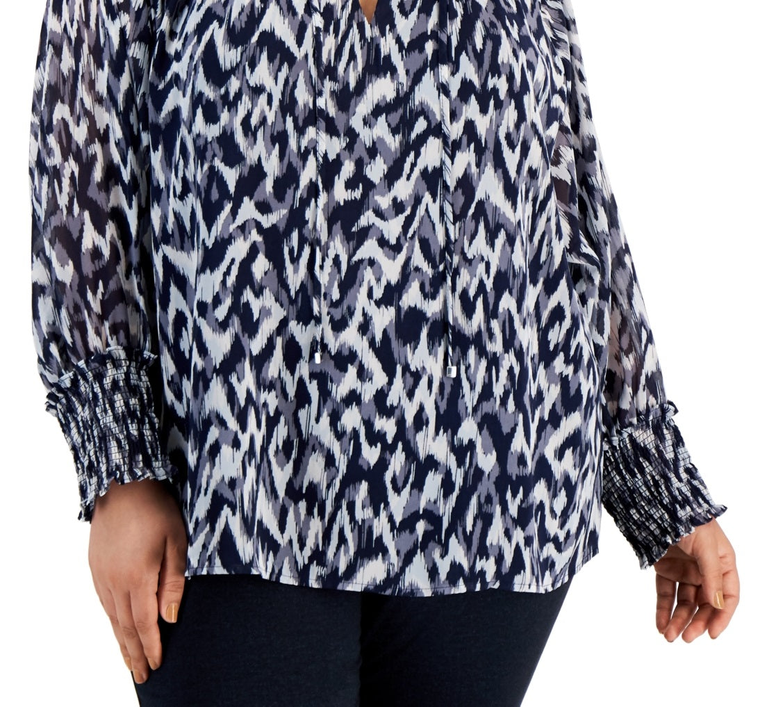 Blusa Calvin Klein Feminina Estampada com Amarração no Pescoço Azul Tamanho 2X