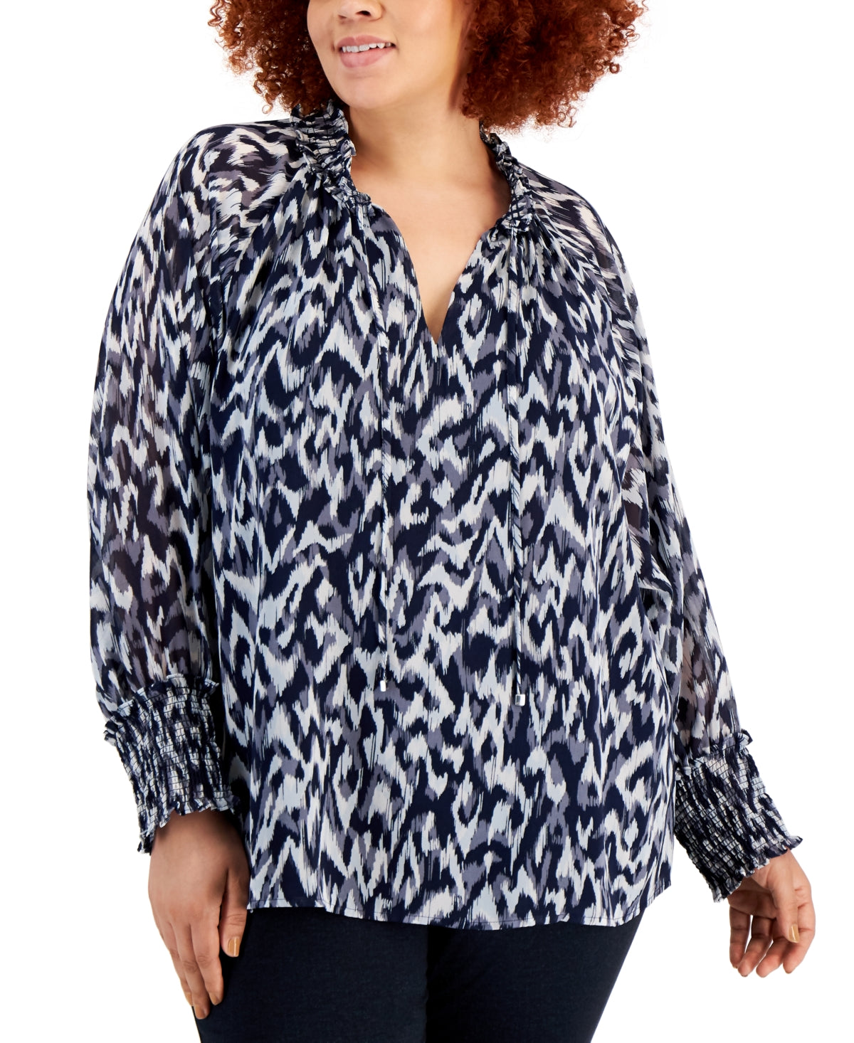 Blusa Calvin Klein Feminina Estampada com Amarração no Pescoço Azul Tamanho 2X