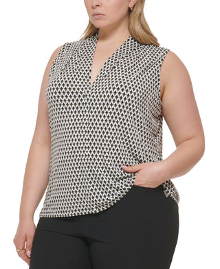 Calvin Klein Women's Geo Print V Neck Top Green Size 3X