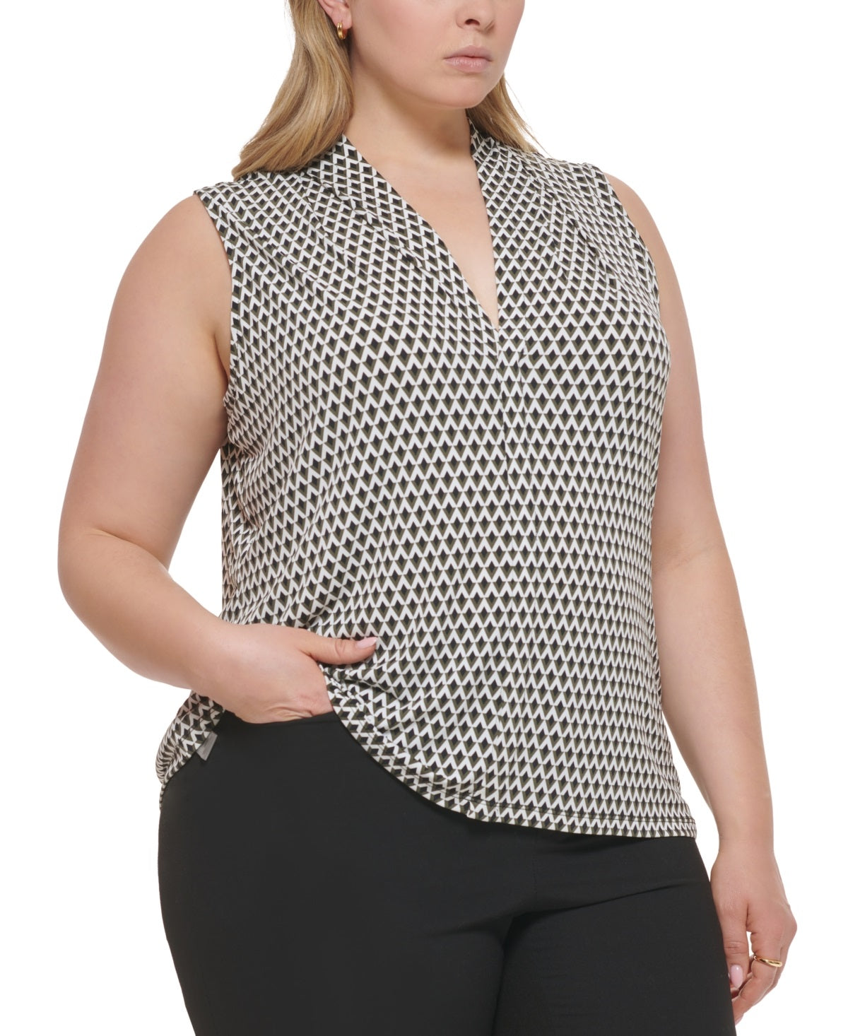 Blusa Calvin Klein Feminina com Estampa Geo e Gola V Verde Tamanho 3X