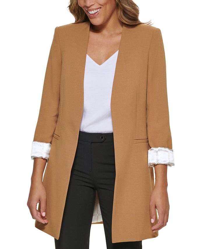Calvin Klein Blazer Feminino Frente Aberta Manga 3/4 Marrom Tamanho 4 Petite