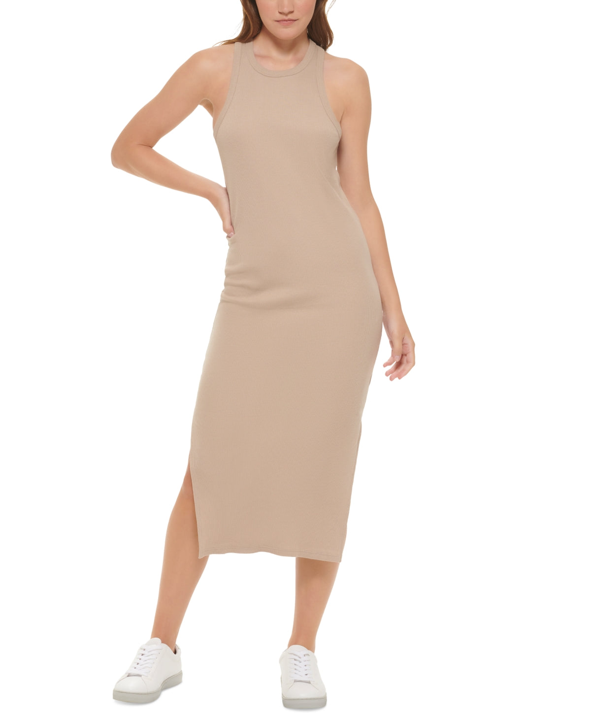 Vestido regata feminino Calvin Klein de algodão com costas nadador, marrom, tamanho pequeno, extragrande