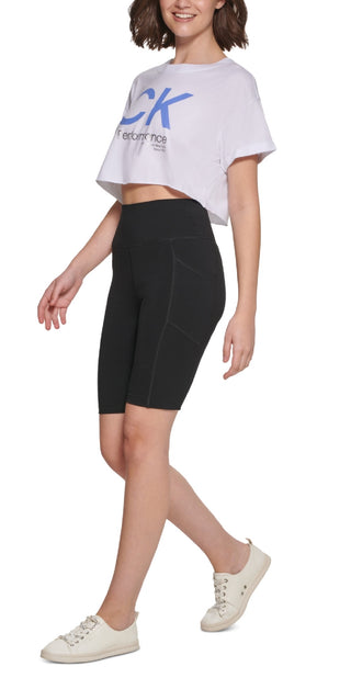 Camiseta feminina Calvin Klein cropped com logo, branca, tamanho pequeno