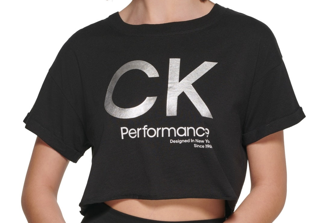 Camiseta feminina Calvin Klein com logo, preta, tamanho médio