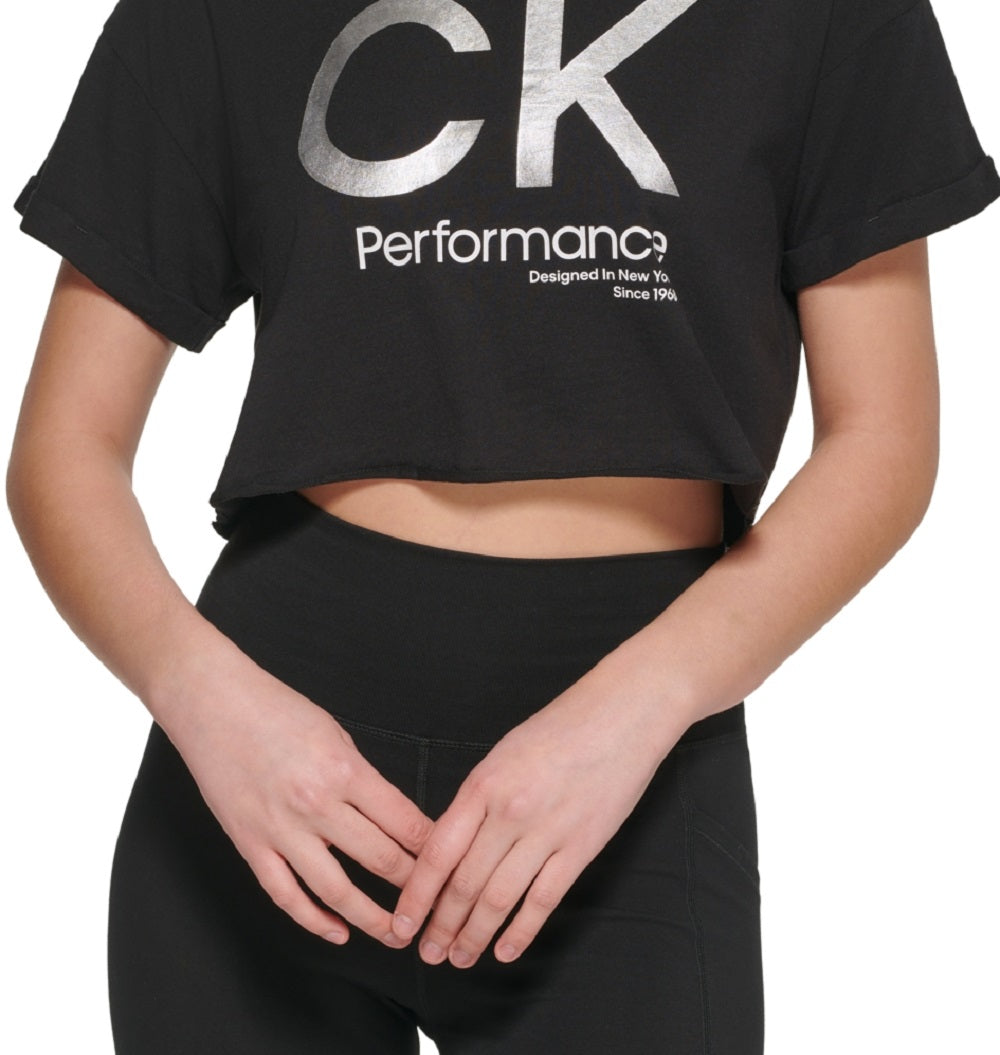 Camiseta feminina Calvin Klein com logo, preta, tamanho médio