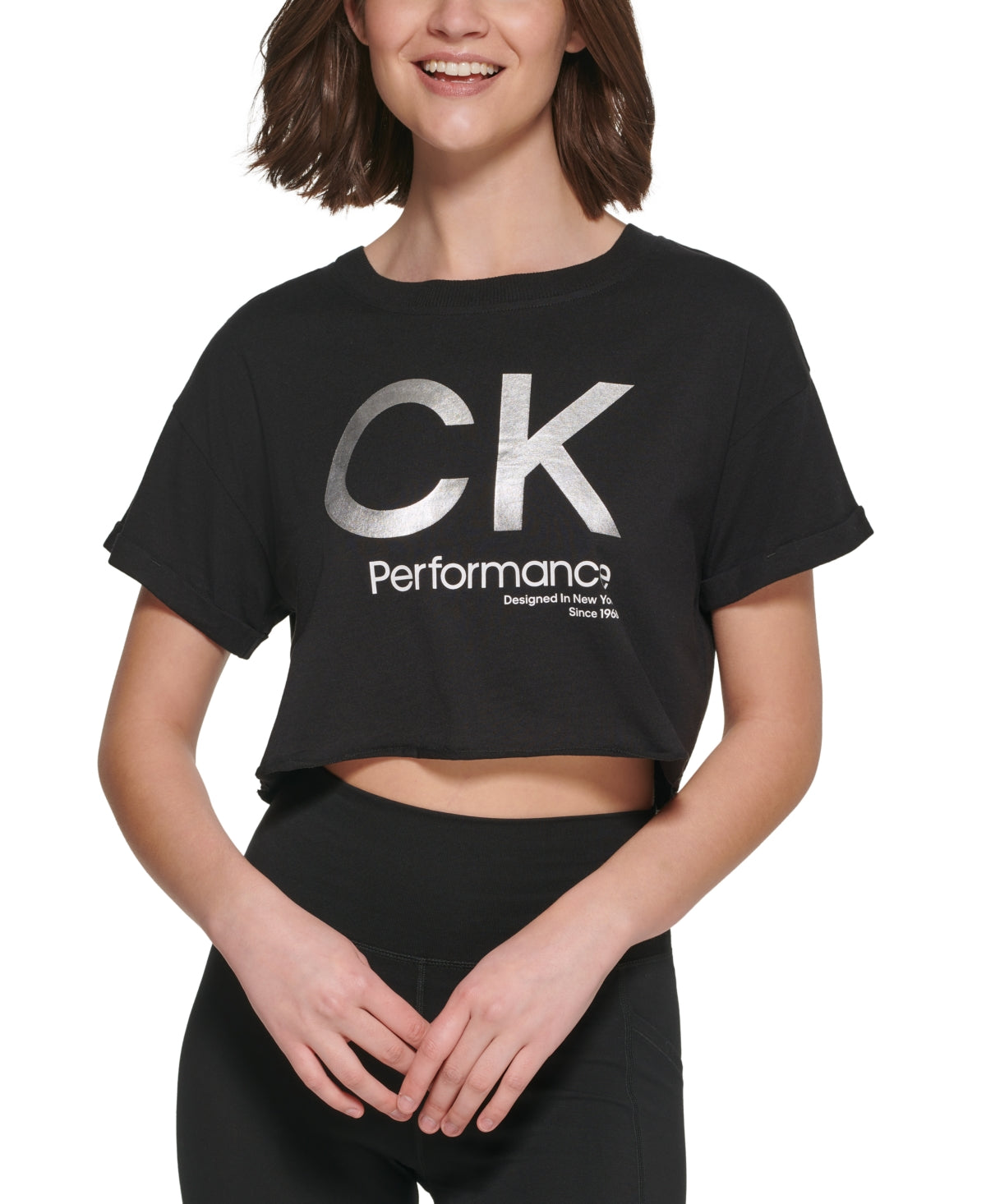 Camiseta feminina Calvin Klein com logo, preta, tamanho médio