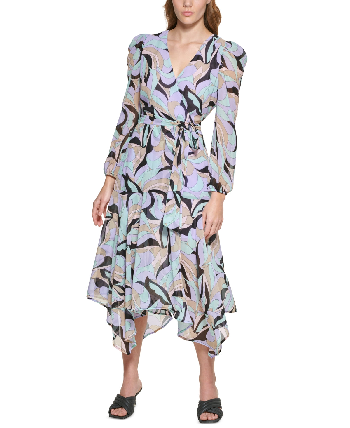 Vestido midi envelope estampado com ombros bufantes Calvin Klein feminino, preto, tamanho 8