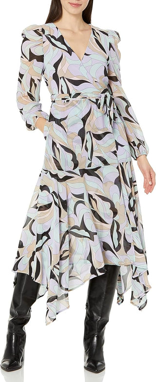 Vestido midi envelope estampado com ombros bufantes Calvin Klein feminino, preto, tamanho 4