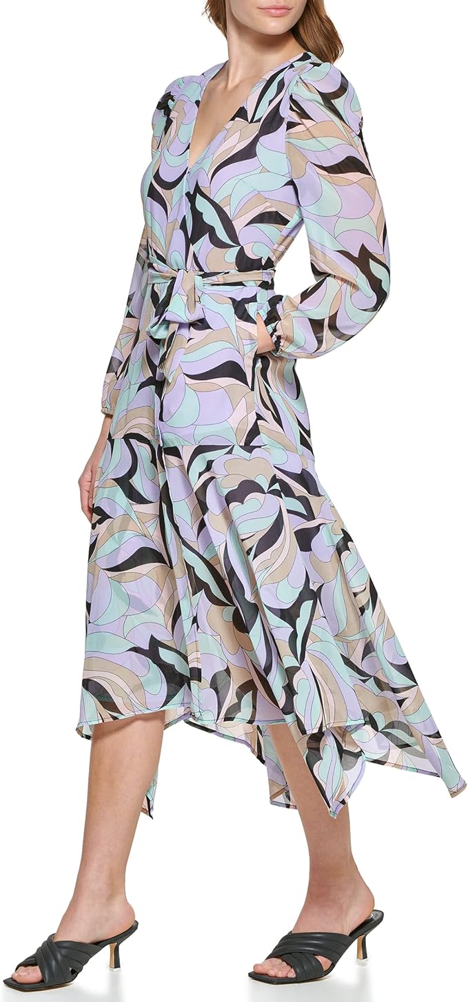 Vestido midi envelope estampado com ombros bufantes Calvin Klein feminino, preto, tamanho 4