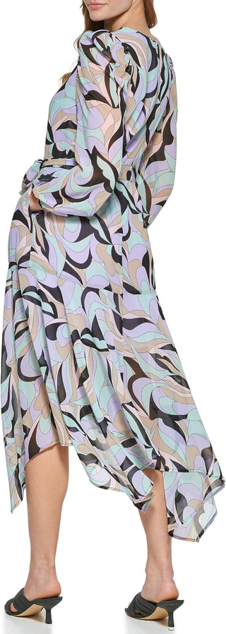 Vestido midi envelope estampado com ombros bufantes Calvin Klein feminino, preto, tamanho 4