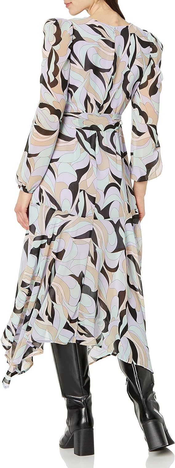 Vestido midi envelope estampado com ombros bufantes Calvin Klein feminino, preto, tamanho 4