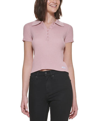 Calvin Klein Women's Ribbed Polo Sweater Pink Size Petite Small