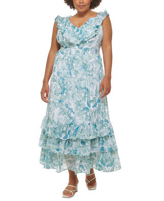 Calvin Klein Women's Chiffon Ruffle V Neck Tiered Maxi Dress Green Size 16W