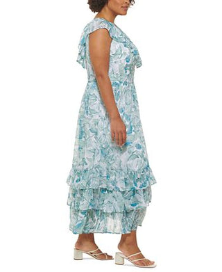 Calvin Klein Women's Chiffon Ruffle V Neck Tiered Maxi Dress Green Size 16W