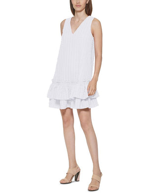 Vestido Calvin Klein Feminino com Babados e Corte A Branco Tamanho 6 Petite