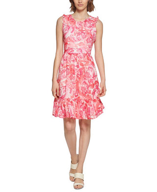 Vestido Calvin Klein Feminino Estampado com Babados Vermelho Tamanho 10 Petite