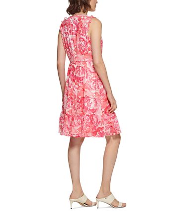 Vestido Calvin Klein Feminino Estampado com Babados Vermelho Tamanho 10 Petite