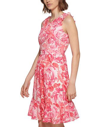 Vestido Calvin Klein Feminino Estampado com Babados Vermelho Tamanho 10 Petite