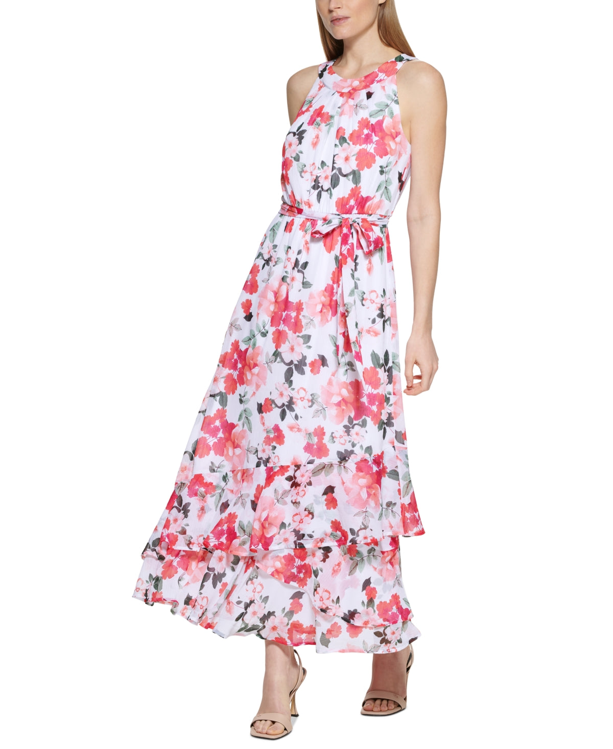 Vestido longo floral feminino Calvin Klein vermelho tamanho 10 Petite