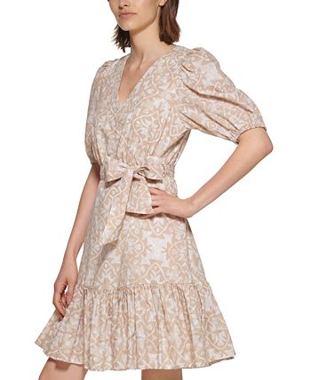 Vestido Calvin Klein Feminino Manga Bufante com Cinto Marrom Tamanho 12
