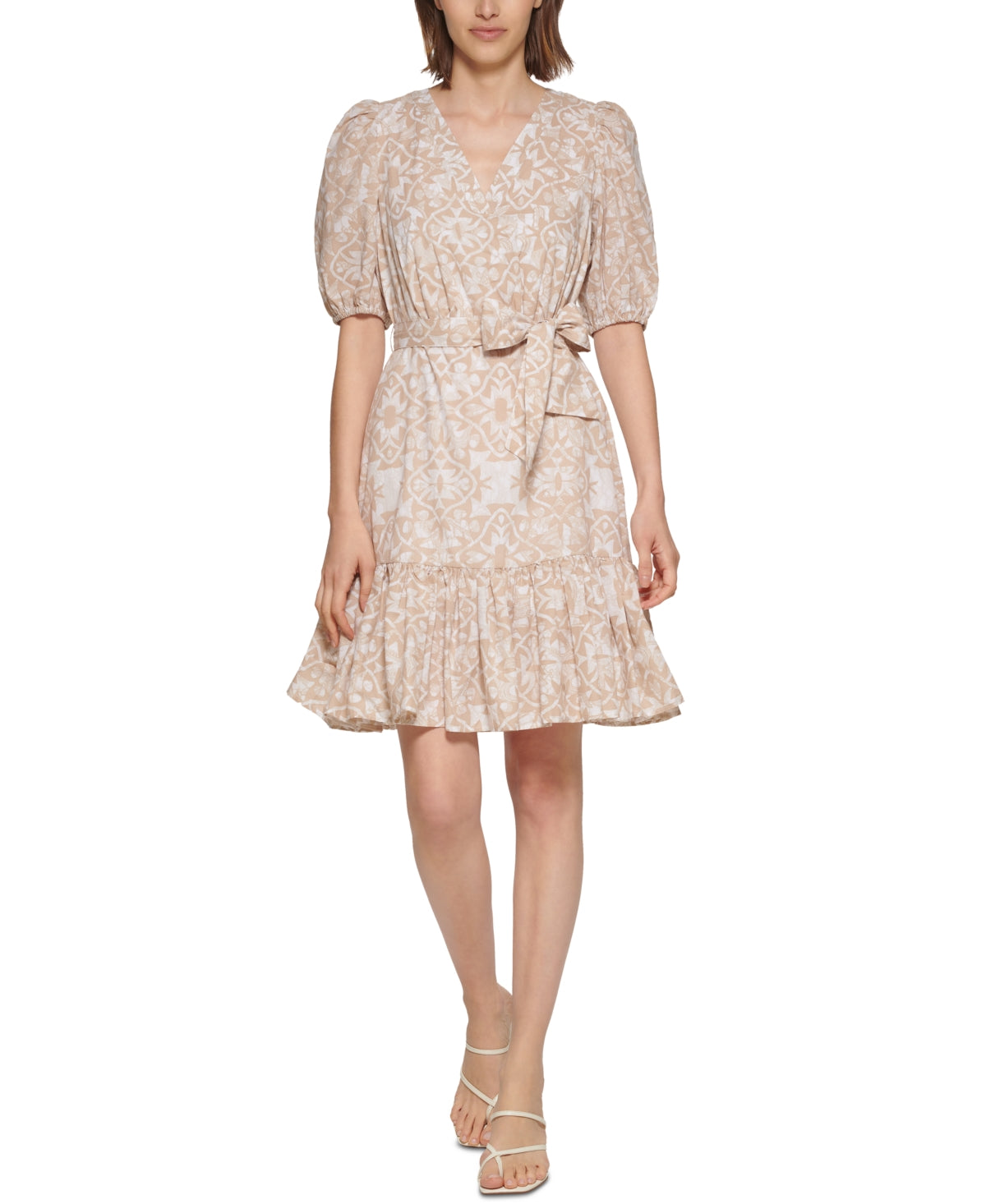 Vestido Calvin Klein Feminino Manga Bufante com Cinto Marrom Tamanho 12