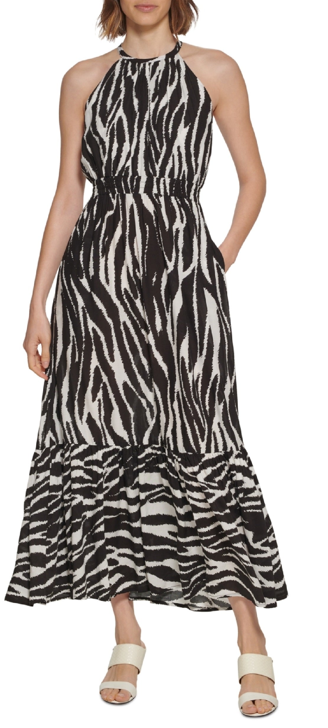 Vestido Calvin Klein Feminino com Babados e Cintura Smocked, Preto, Tamanho 4