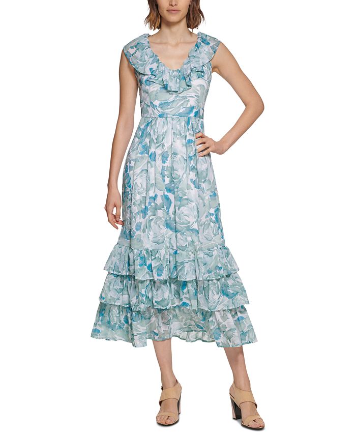 Vestido longo com babados e camadas Calvin Klein feminino, verde, tamanho 12