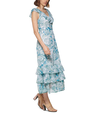 Vestido longo com babados e camadas Calvin Klein feminino, verde, tamanho 12