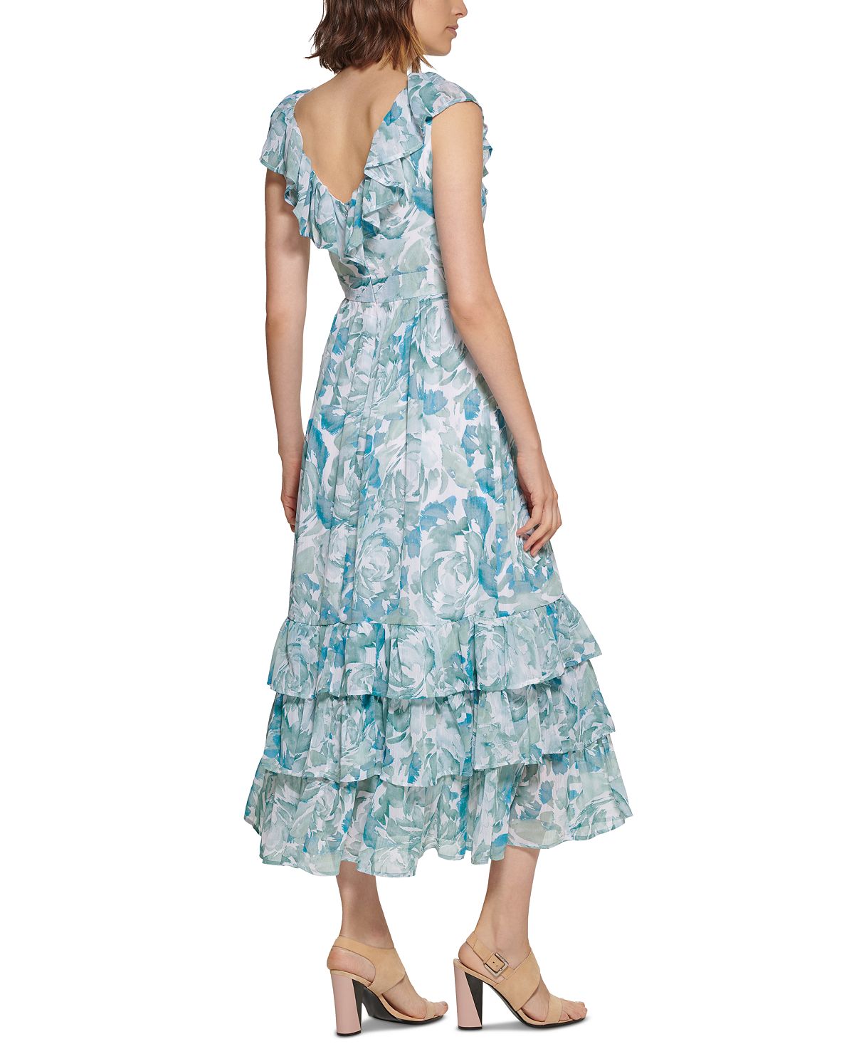 Vestido longo feminino Calvin Klein com babados e camadas, verde, tamanho 8