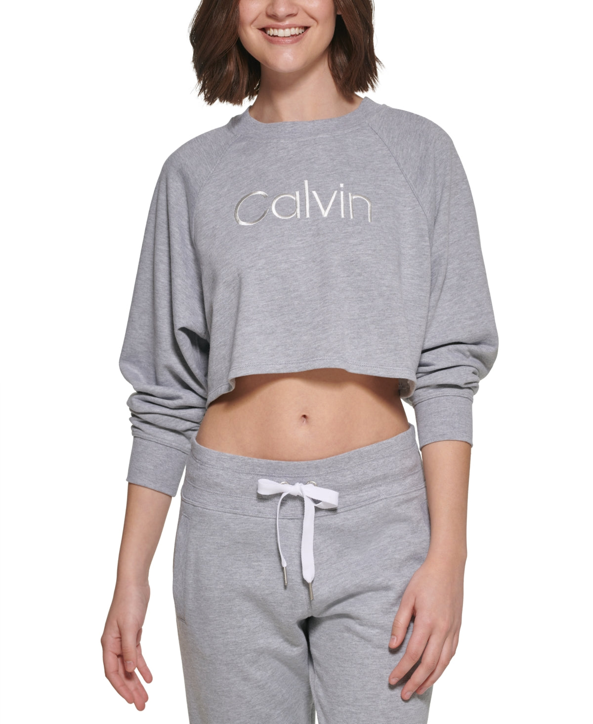 Calvin Klein Moletom Cropped Feminino com Logotipo Bordado Cinza Tamanho P