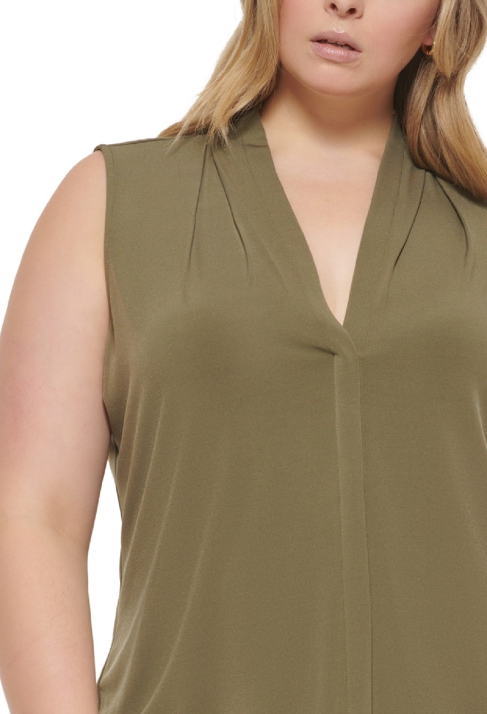 Blusa feminina Calvin Klein com decote em V e sem mangas, verde, tamanho 3X