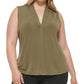 Blusa feminina Calvin Klein com decote em V e sem mangas, verde, tamanho 3X