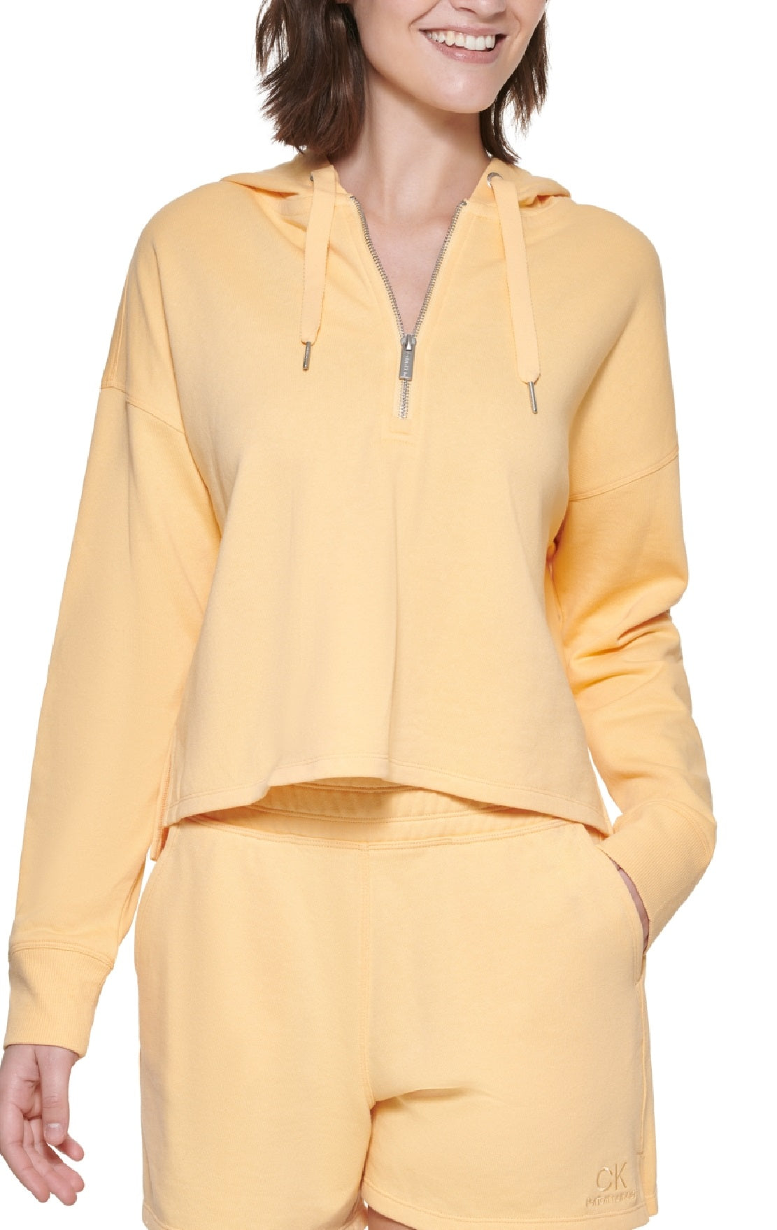 Calvin Klein Moletom com capuz feminino meio zíper amarelo tamanho X-S